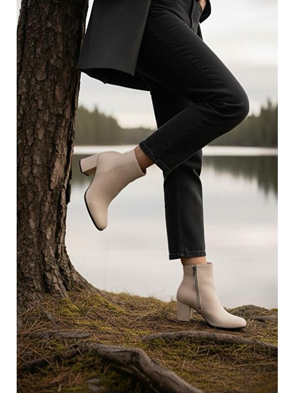 Kadın Liva Bej Cilt Düz Topuklu Kısa Bot - Görsel 3