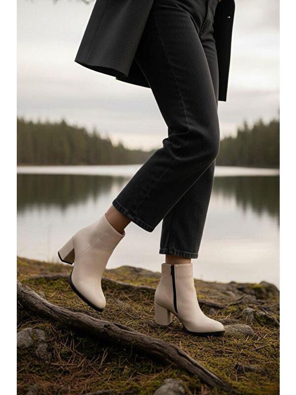 Kadın Liva Bej Cilt Düz Topuklu Kısa Bot - Görsel 4