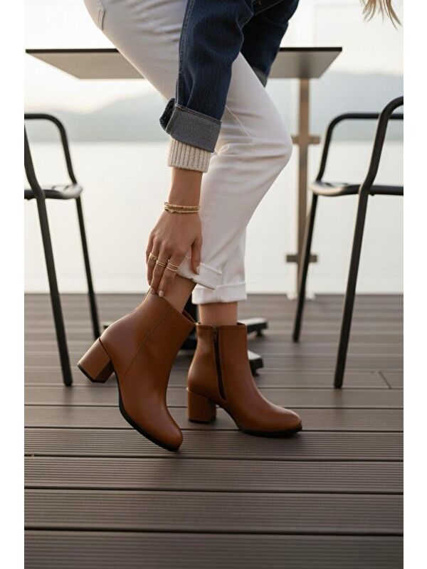 Kadın Liva Taba Cilt Düz Topuklu Kısa Bot - Görsel 4