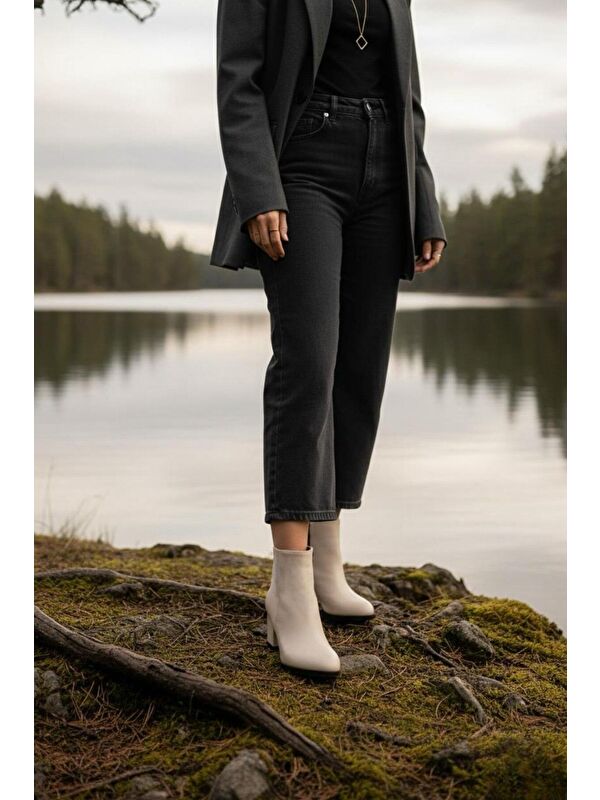 Kadın Liva Bej Cilt Düz Topuklu Kısa Bot - Görsel 5