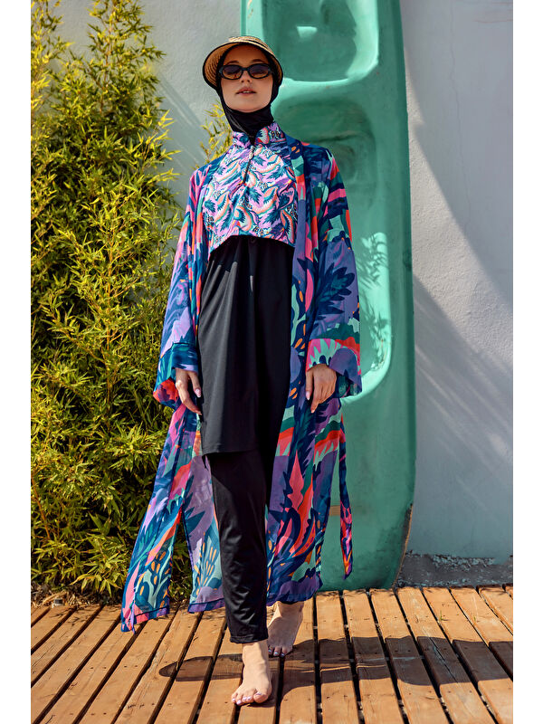 Remsa Mayo Remsa Tesettür Mayo Üzerine Tek Kaftan Kimono Pareo Mor RP028 Morika