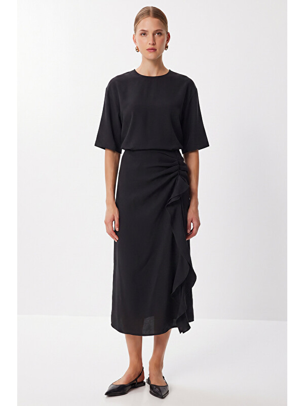 Happiness İstanbul Drapeli Midi Modal Elbise SİYAH LNT0033