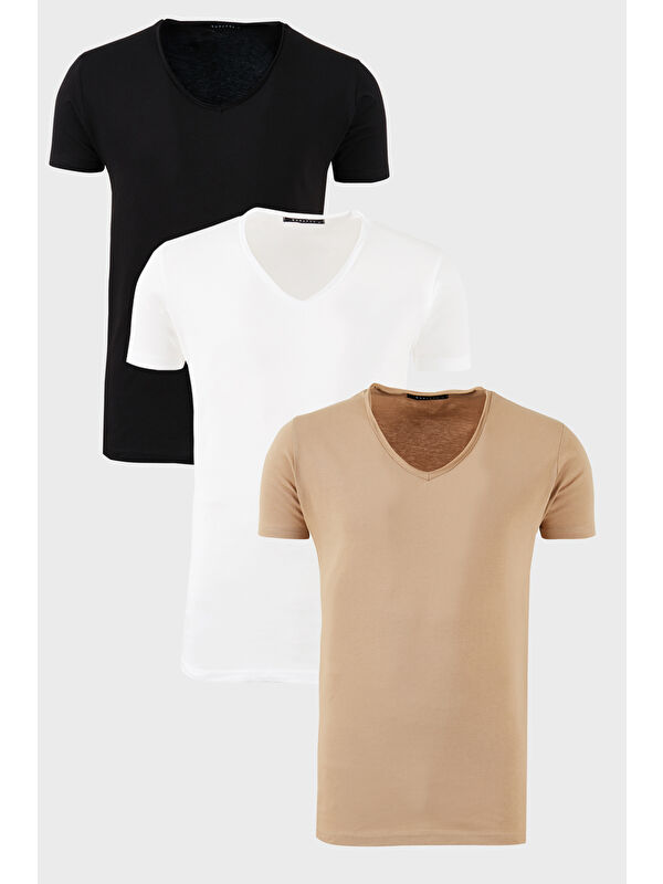 Buratti Pamuklu Slim Fit V Yaka Baskılı 3'lü Paket %100 Pamuk Tişört 541S31