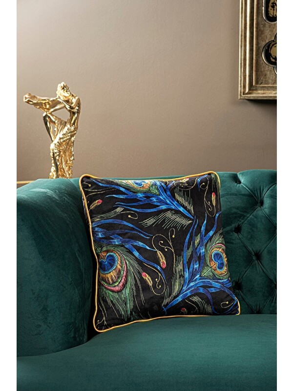 Asdiva Lüks Kadife 43x43 Cm Kırlent Kılıfı Dekoratif Yumuşak Salon Koltuk Avangart Biyeli Siyah