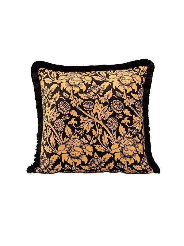 Asdiva Lüks Kadife 43x43 Cm Kırlent Kılıfı Dekoratif Yumuşak Salon Avangart Saçaklı Sarı Siyah