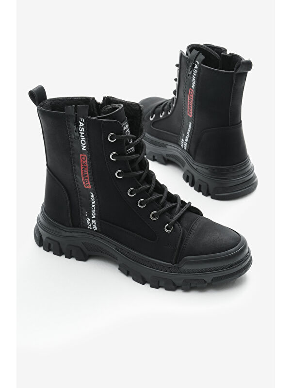 Kadın Siyah Mat Termo Taban Yanı Şerit Yazılı Bağcıklı ve Fermuarlı Bot - Görsel 4