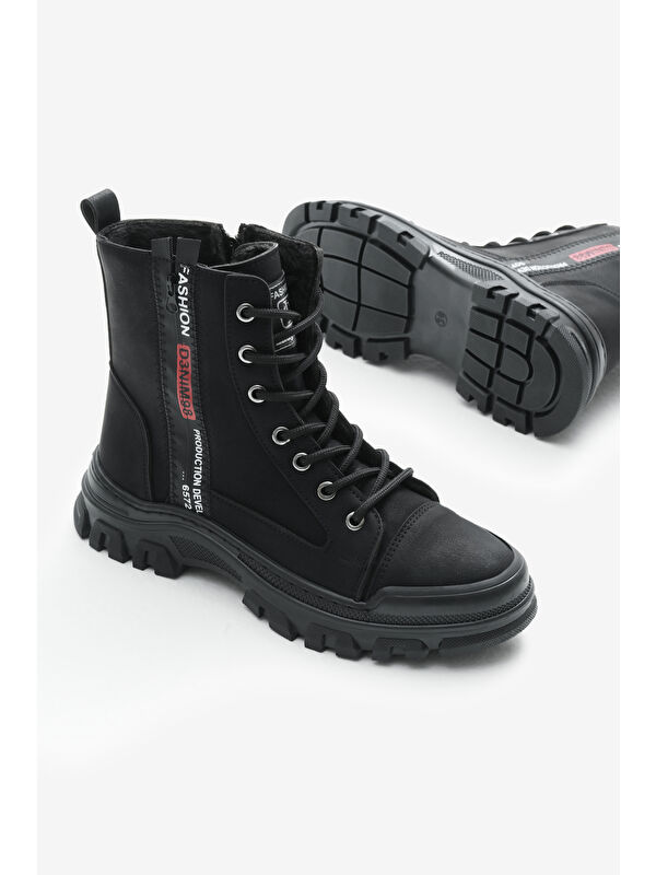 Kadın Siyah Mat Termo Taban Yanı Şerit Yazılı Bağcıklı ve Fermuarlı Bot - Görsel 5