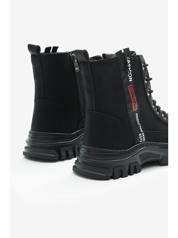 Kadın Siyah Mat Termo Taban Yanı Şerit Yazılı Bağcıklı ve Fermuarlı Bot - Görsel 6