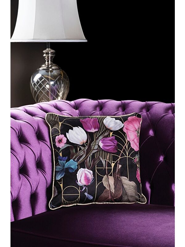 Asdiva Lüks Kadife 43x43 Cm Kırlent Kılıfı Dekoratif Yumuşak Salon Koltuk Avangart Biyeli Siyah