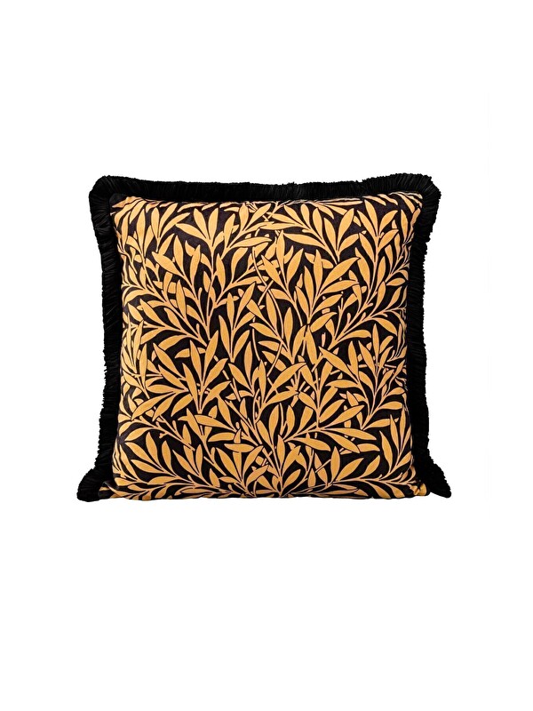 Asdiva Lüks Kadife 43x43 Cm Kırlent Kılıfı Dekoratif Yumuşak Salon Avangart Saçaklı Sarı Siyah