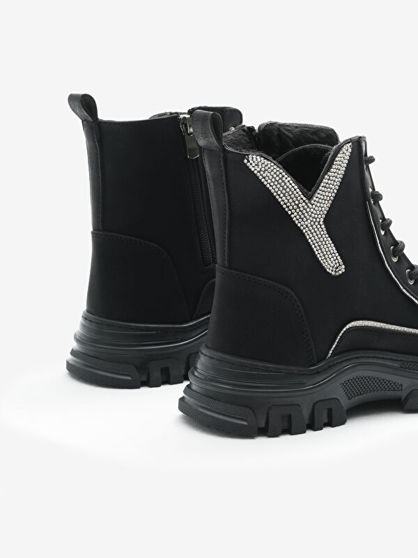 Kadın Siyah Mat Termo Taban Desenli Bağcıklı ve Fermuarlı Bot - Görsel 6