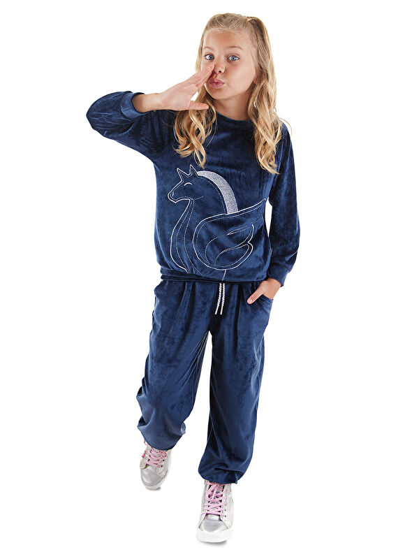 Denokids Lacivert Kadife Kız Çocuk Eşofman Takım