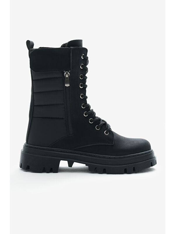 Tonny Black Siyah Tonny Black Cilt Termo Kadın Taban Nakışlı Dilim Desenli Cırtlı Bağcıklı ve Fermuarlı Bot