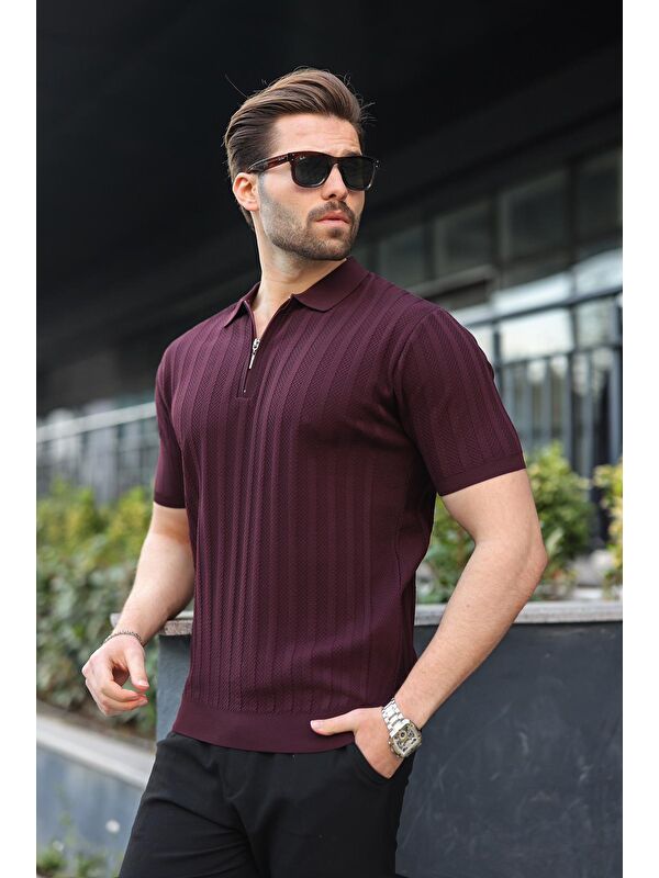 Madmext Bordo Yarım Fermuarlı Polo Yaka Erkek Triko Tişört E7458