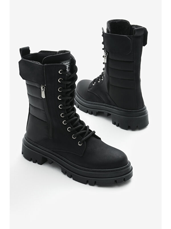 Tonny Black Siyah Tonny Black Cilt Termo Kadın Taban Nakışlı Dilim Desenli Cırtlı Bağcıklı ve Fermuarlı Bot