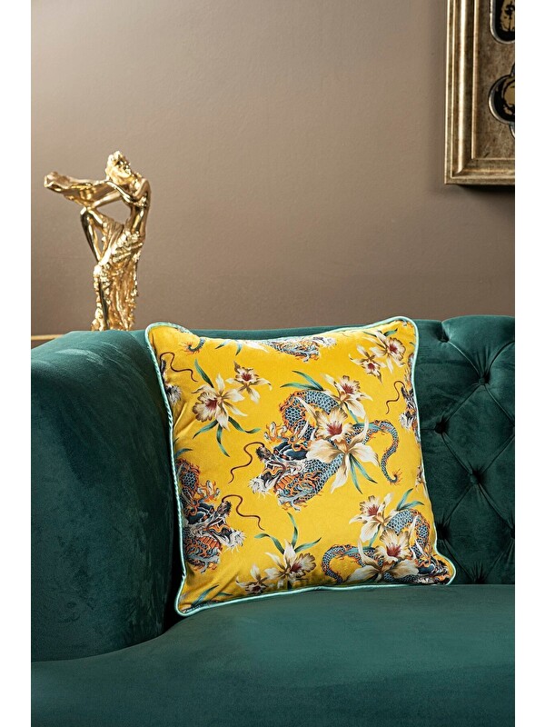 Asdiva Lüks Kadife 43x43 Cm Kırlent Kılıfı Dekoratif Yumuşak Salon Koltuk Avangart Biyeli Sarı
