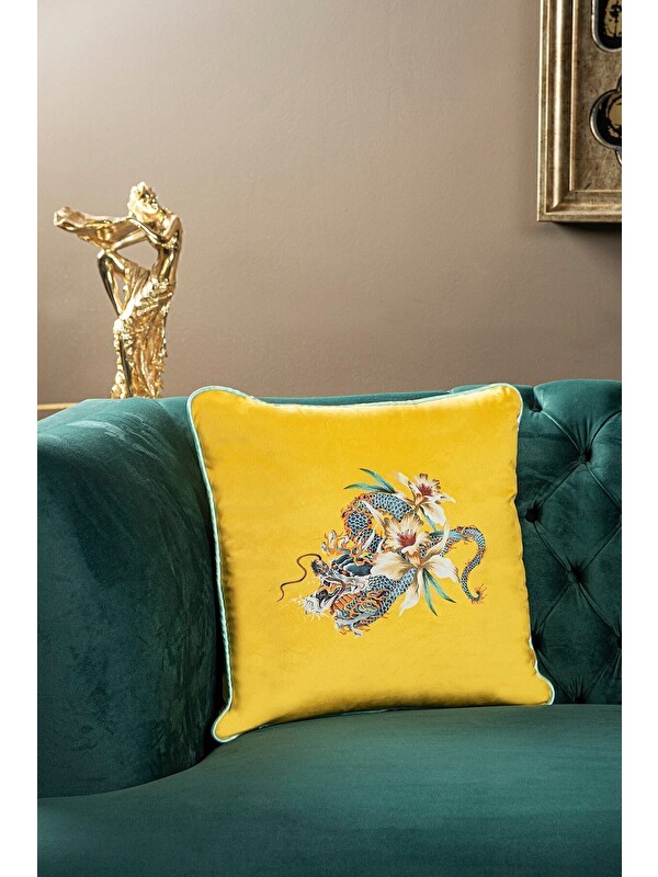 Asdiva Lüks Kadife 43x43 Cm Kırlent Kılıfı Dekoratif Yumuşak Salon Koltuk Avangart Biyeli Sarı