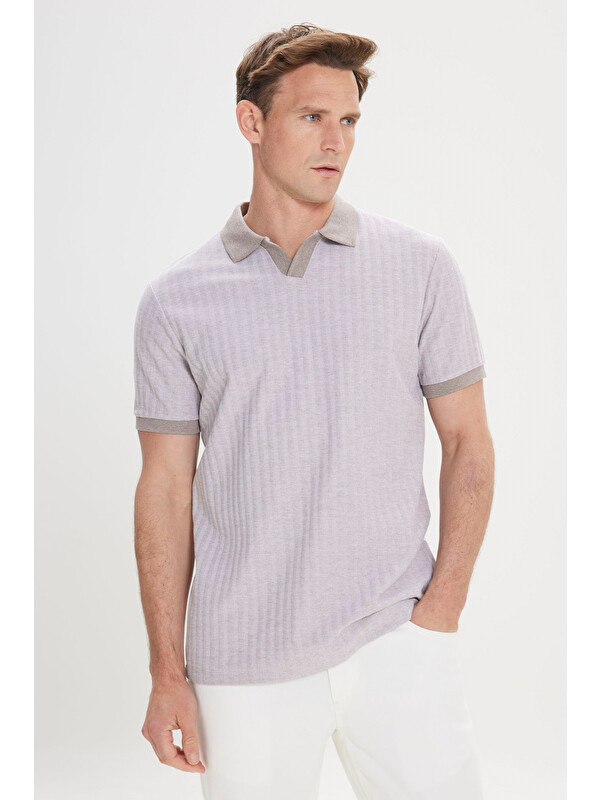 Altınyıldız Classics Erkek Vizon Pamuklu Slim Fit Dar Kesim Polo Yaka Jakarlı Tişört