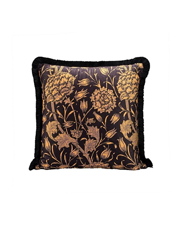 Asdiva Lüks Kadife 43x43 Cm Kırlent Kılıfı Dekoratif Yumuşak Salon Avangart Saçaklı Sarı Siyah