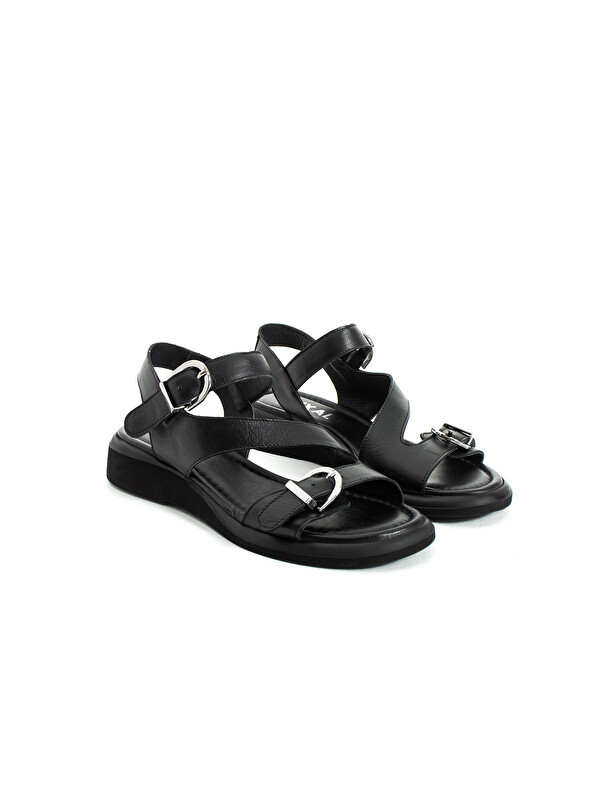 DUXAL SHOES Dylan Siyah Hakiki Deri Tokalı ve Çapraz Bantlı Kadın Sandalet