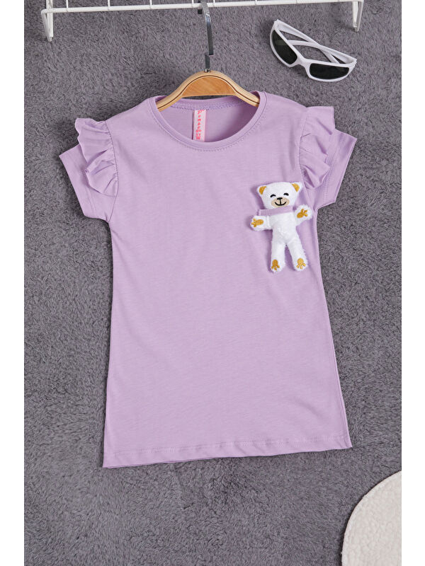 Pembe Life Kids Club Lila Pelüş Ayıcıklı Fırfırlı Kız Çocuk T-shirt 15536