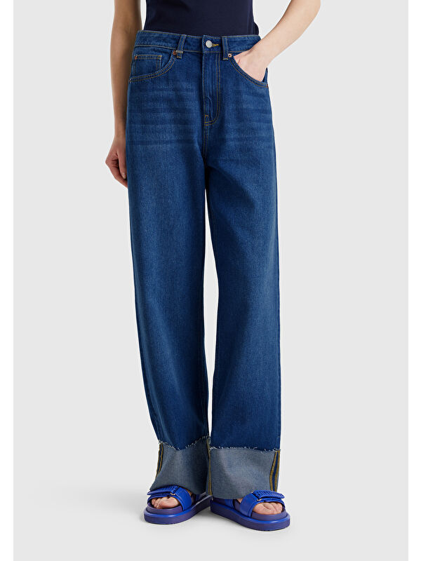 United Colors Of Benetton Kadın Koyu Mavi Pamuk Karışımlı 5 Cepli Yüksek Bel Wide Leg Denim Pantolon