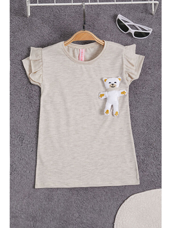 Pembe Life Kids Club Krem Pelüş Ayıcıklı Fırfırlı Kız Çocuk T-shirt 15535