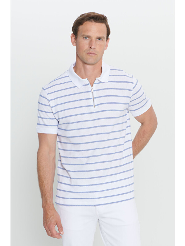 Altınyıldız Classics Erkek Beyaz-Lacivert Slim Fit Dar Kesim Pamuklu Çizgili Polo Yaka Tişört