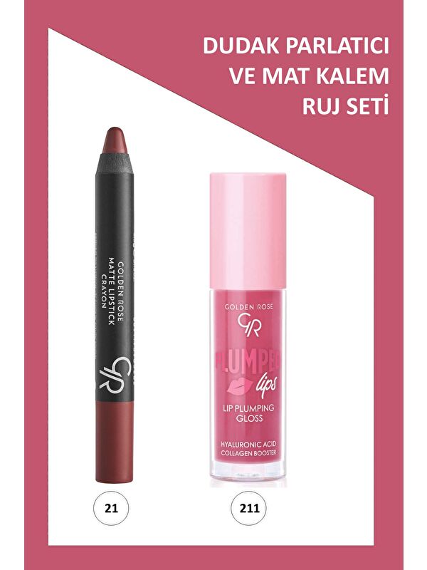 GOLDEN ROSE Plumped Lips Lip Plumping Gloss No: 211 ve Matte Lipstick Crayon No: 21 Toffee
