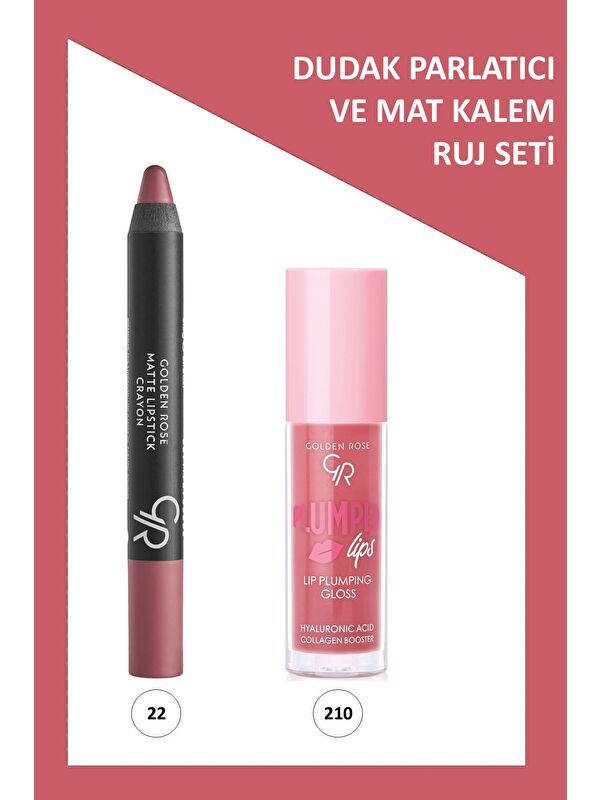 GOLDEN ROSE Plumped Lips Lip Plumping Gloss No: 210 ve Matte Lipstick Crayon No:22 Pamuk Pink Seti