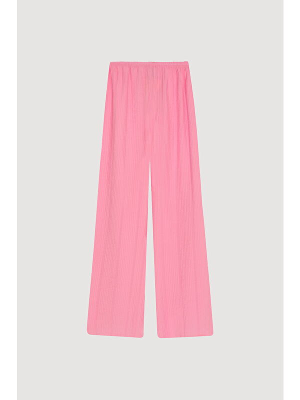 QUZU Gofre Kumaş Geniş Paça Pantolon Pembe