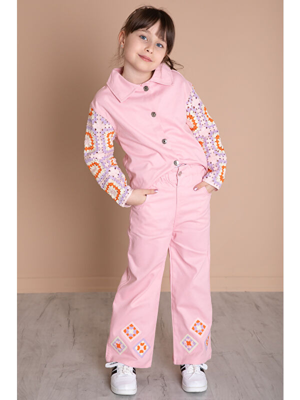 Cansın Mini Pembe Nakış Detaylı Kolları Dantel Kız Çocuk Alt Üst Takım 20336