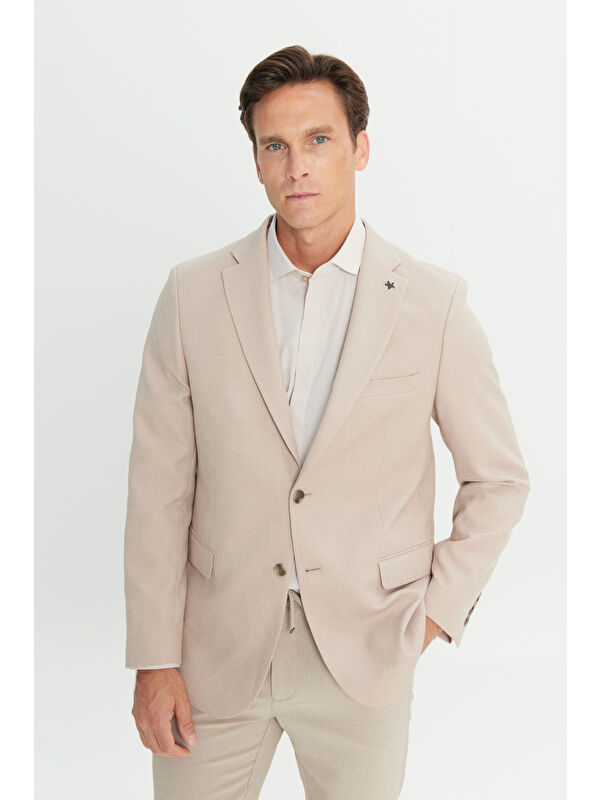 AC&Co / Altınyıldız Classics Erkek Bej Dar Kesim Mono Yaka Kapak Cepli Blazer Ceket