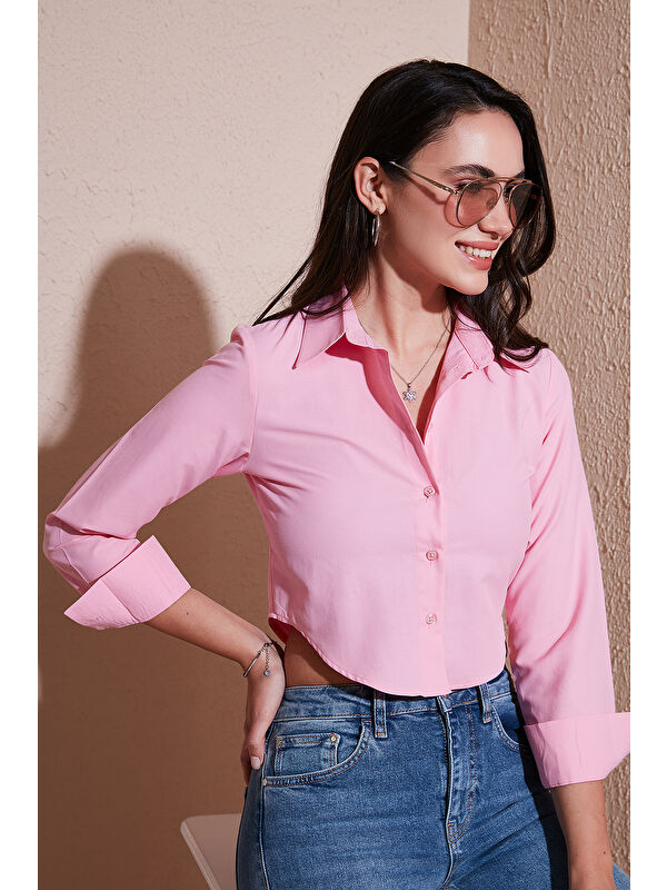 Lela Pamuk Karışımlı Slim Fit Uzun Kollu Crop Gömlek 6777336