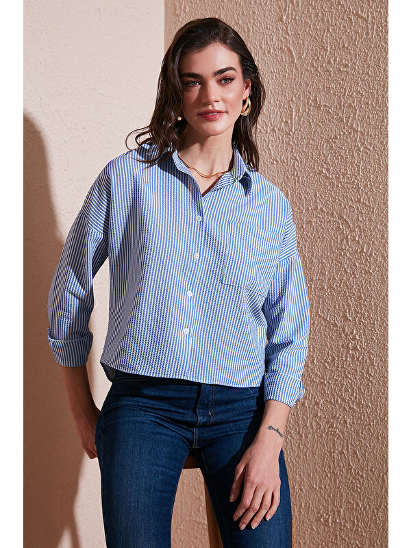 Lela Regular Fit Çizgili Göğüs Cepli Dokulu Gömlek 6772870
