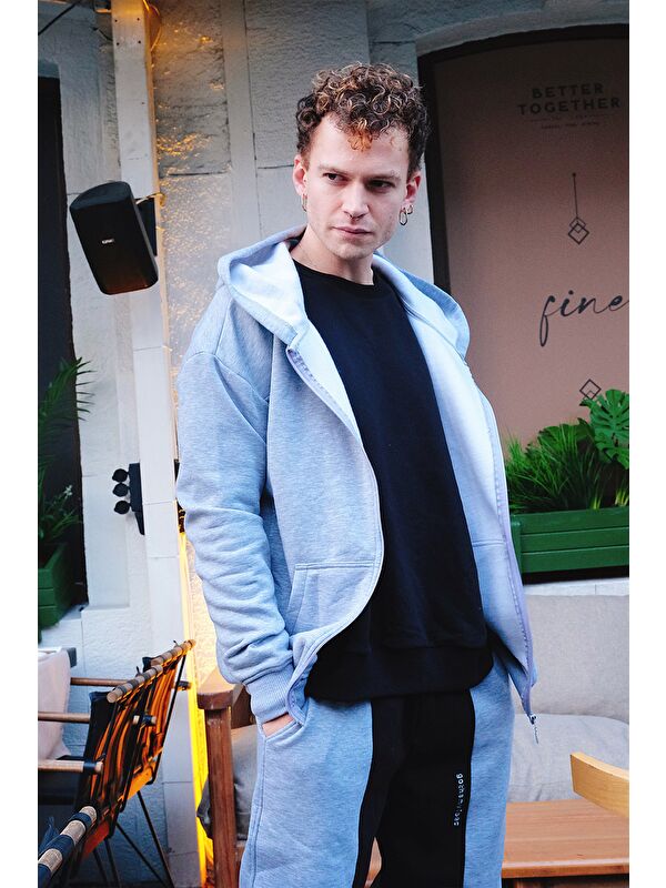 gothamVibes Oversize   Kapüşonlu Gri Erkek Fermuarlı Sweatshirt Hırka