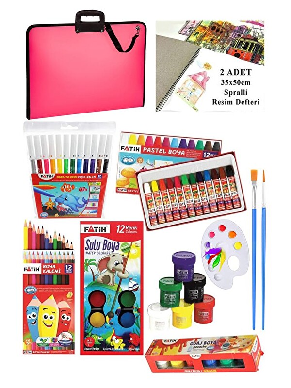 Artlantis Öğrenci Boyama Seti 11 Parça 1 Paket 35x50 Resim Çantası Resim Defter Fatih Sulu Boya Kuru Boya Past