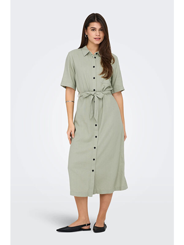 Only Onlcaro Keten Karışımlı Regular Fit Düğmeli Kemerli Midi Kadın Elbise 15338884