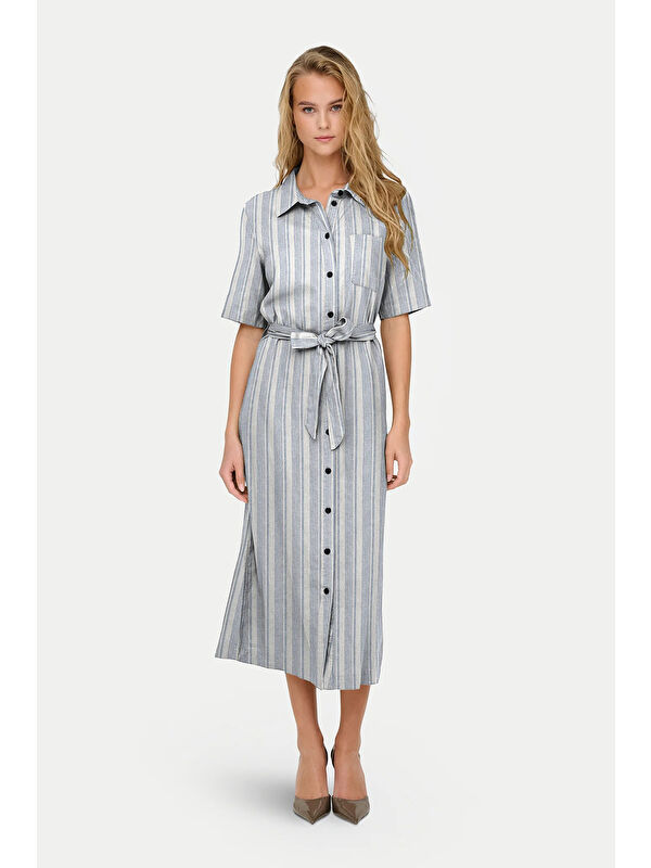 Only Onlcaro Keten Karışımlı Regular Fit Düğmeli Kemerli Midi Kadın Elbise 15338884