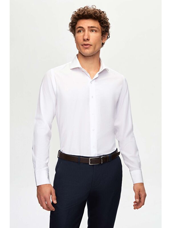 D'S damat Slim Fit Beyaz İtalyan Yaka Dar Kesim Klasik Kravatlık Uzun Kol Kolay Ütülenebilir Gömlek