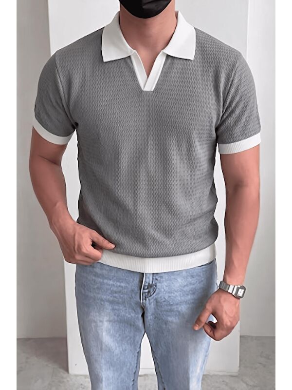 Oksit Cube Erkek Slim Fit Jakarlı Polo Yaka Triko Tişört - Kontrast Şeritli Örme Buklet
