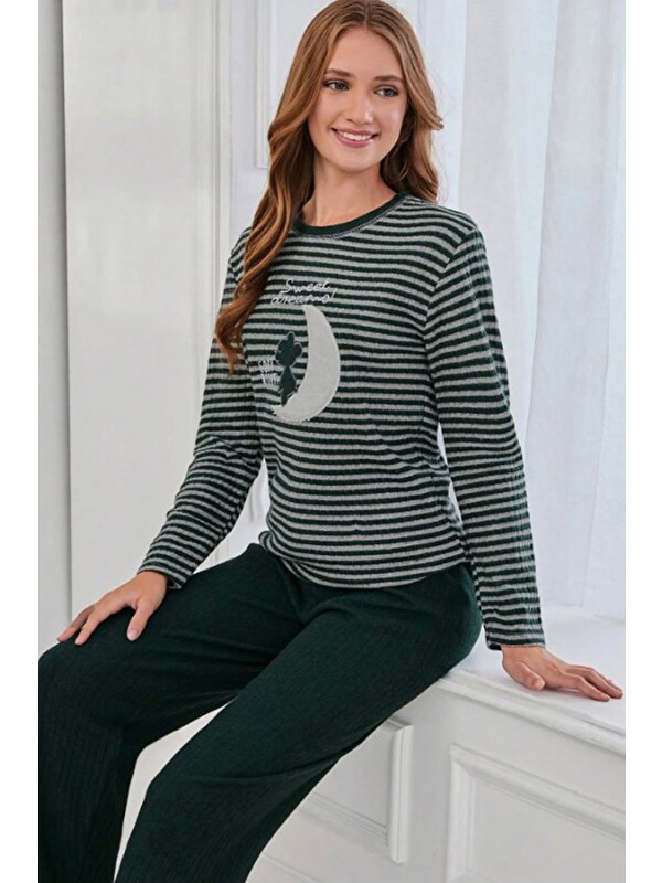 Fullamoda Çizgili Lazy Day Baskılı Bisiklet Yaka Pijama Takımı