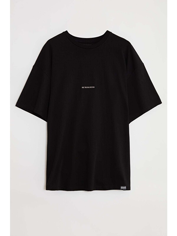 GRIMELANGE RIVER Erkek Oversize Fit Bol Kesim Nakış İşlemeli Basic Örme SİYAH T-Shirt