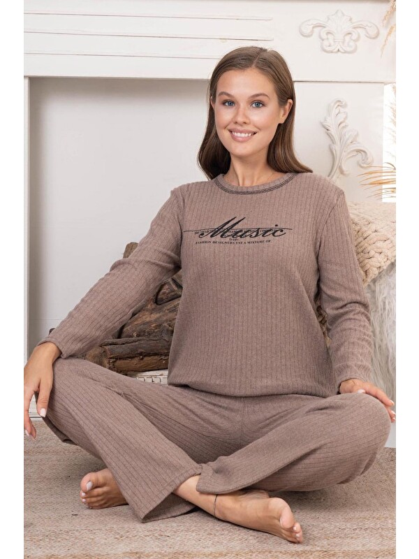 Fullamoda Çizgili Lazy Day Baskılı Bisiklet Yaka Pijama Takımı