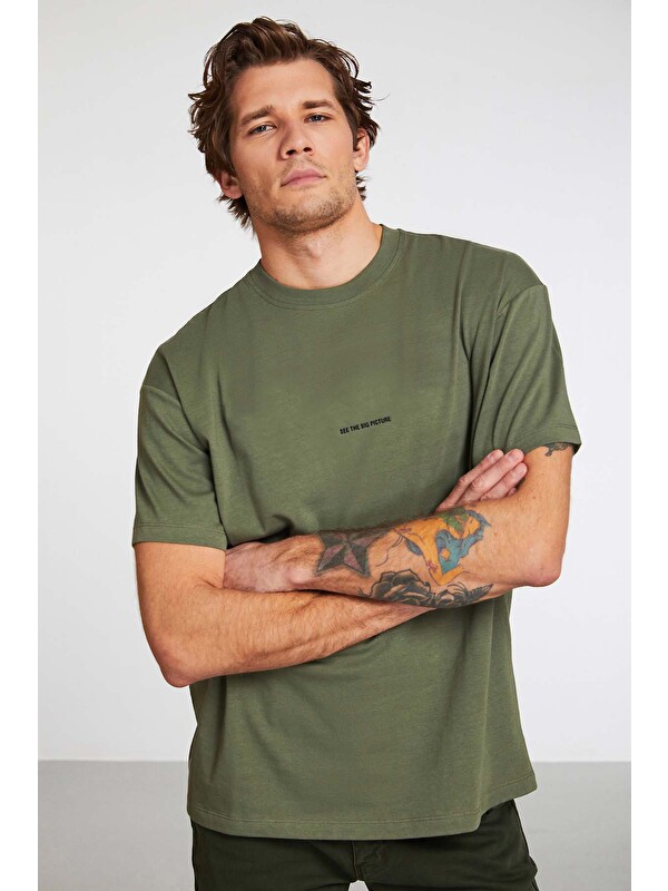 GRIMELANGE RIVER Erkek Oversize Fit Bol Kesim Nakış İşlemeli Basic Örme HAKİ T-Shirt