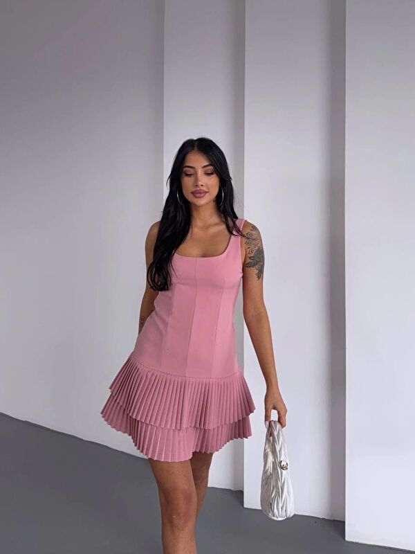 Hazelin Kadın Pembe Pileli Şortlu Mini Elbise HZL25S-FRY122991