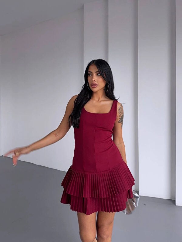 Hazelin Kadın Bordo Pileli Şortlu Mini Elbise HZL25S-FRY122991