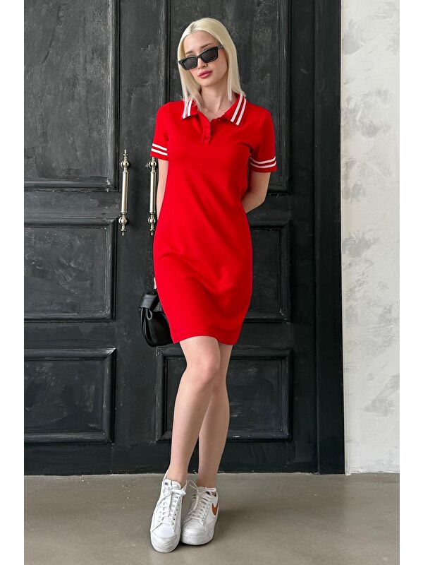 Madmext Kırmızı Polo Yaka Şerit Detaylı Kadın Elbise Mg2344