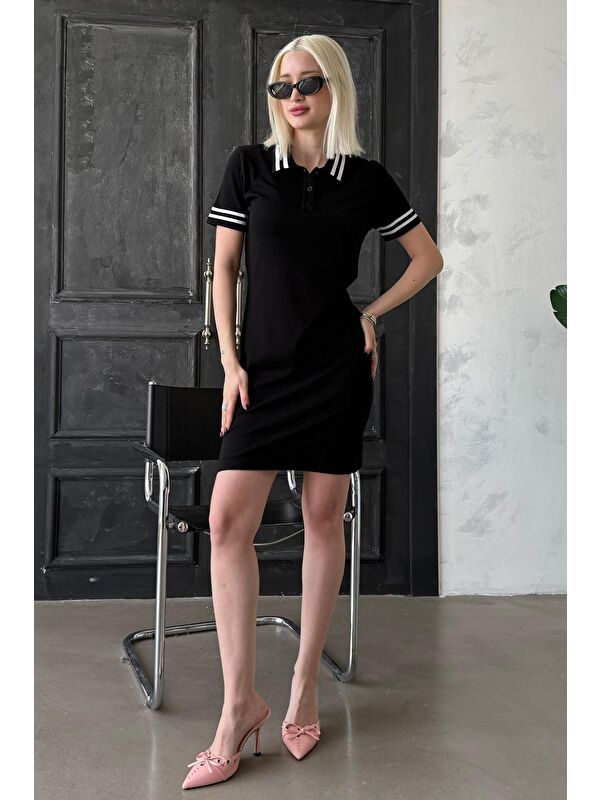 Madmext Siyah Polo Yaka Şerit Detaylı Kadın Elbise Mg2344