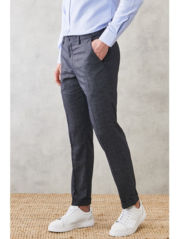 Altınyıldız Classics Erkek Lacivert Comfort Fit Yan Cep Beli Lastikli Desenli Klasik Pantolon
